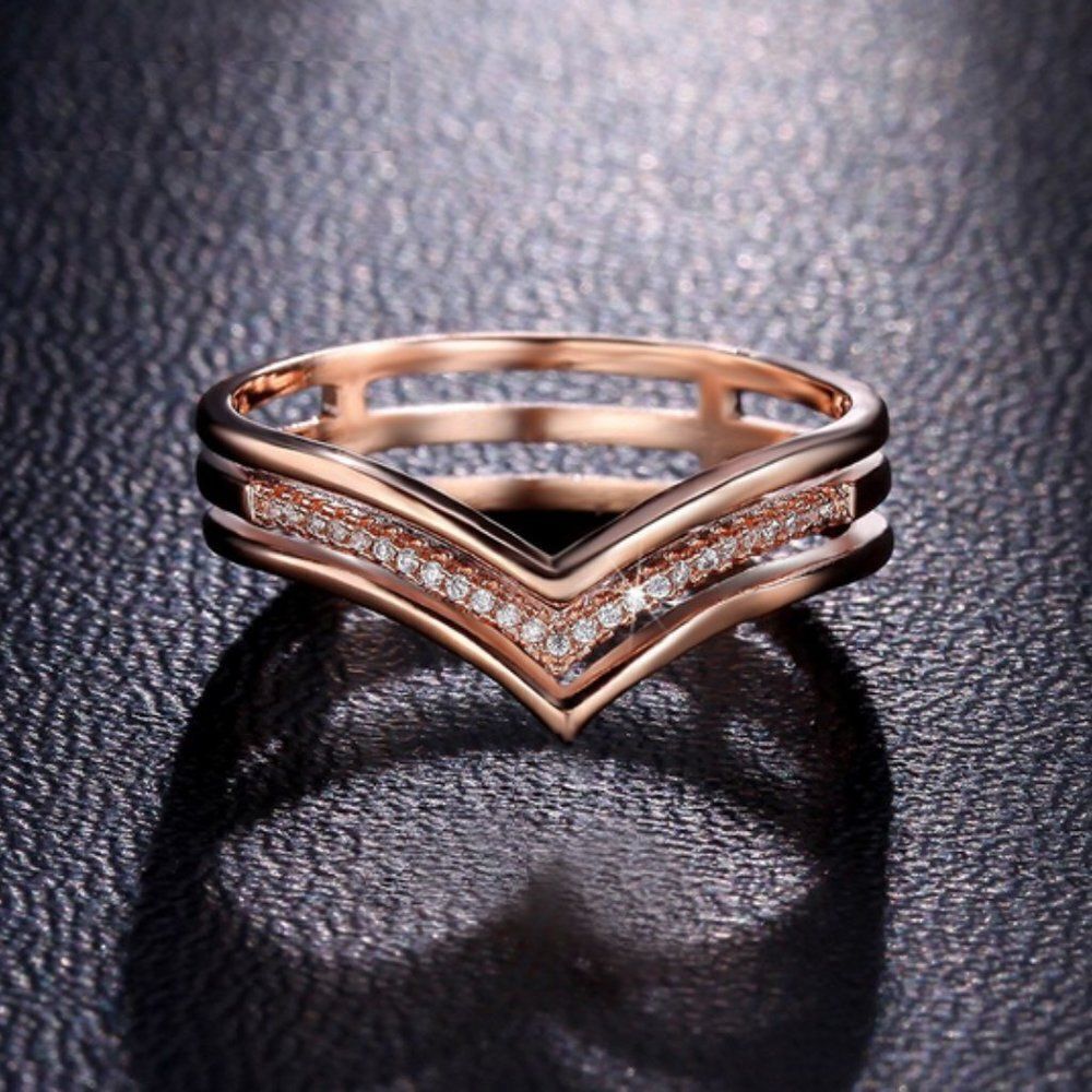 Rose Gold Rhinestone Encrusted  Triple V Ring